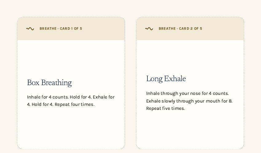 Stress Reset Card Deck — sample cards from the Breathe category