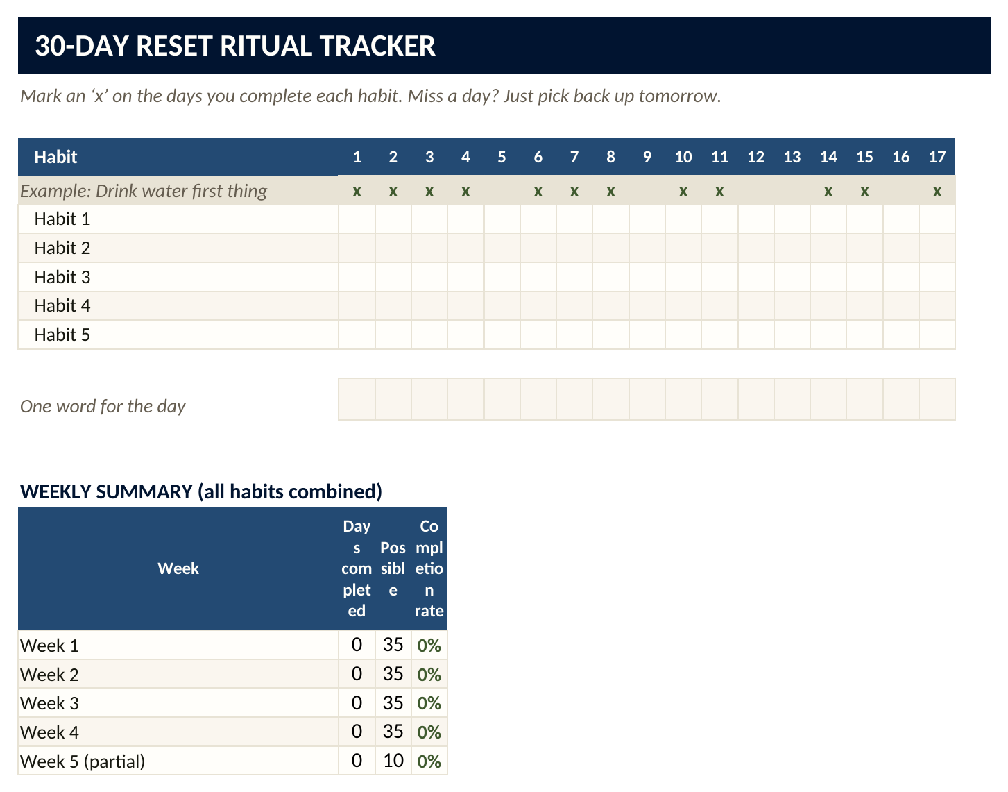 Reset Ritual Habit Tracker — Daily Tracker tab